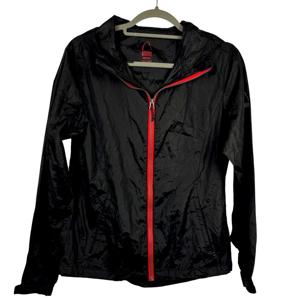 Sierra Designs Windbreaker Jacket Black Red Hood Lightweight Womens Size Medium